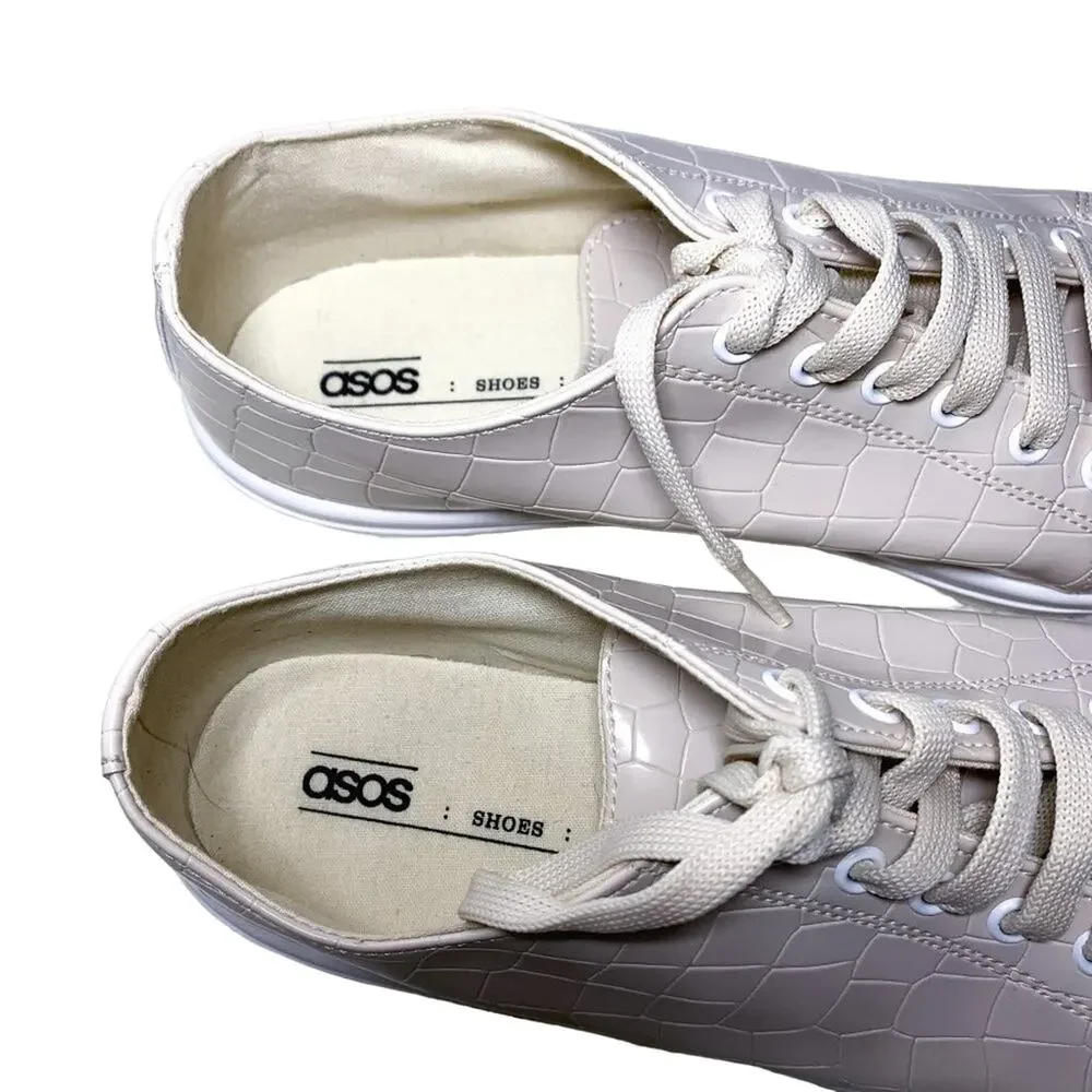 ASOS Design Italian Dismiss Lace Up Lug Trim Chunky Sneakers Glossy Beige Tan 7